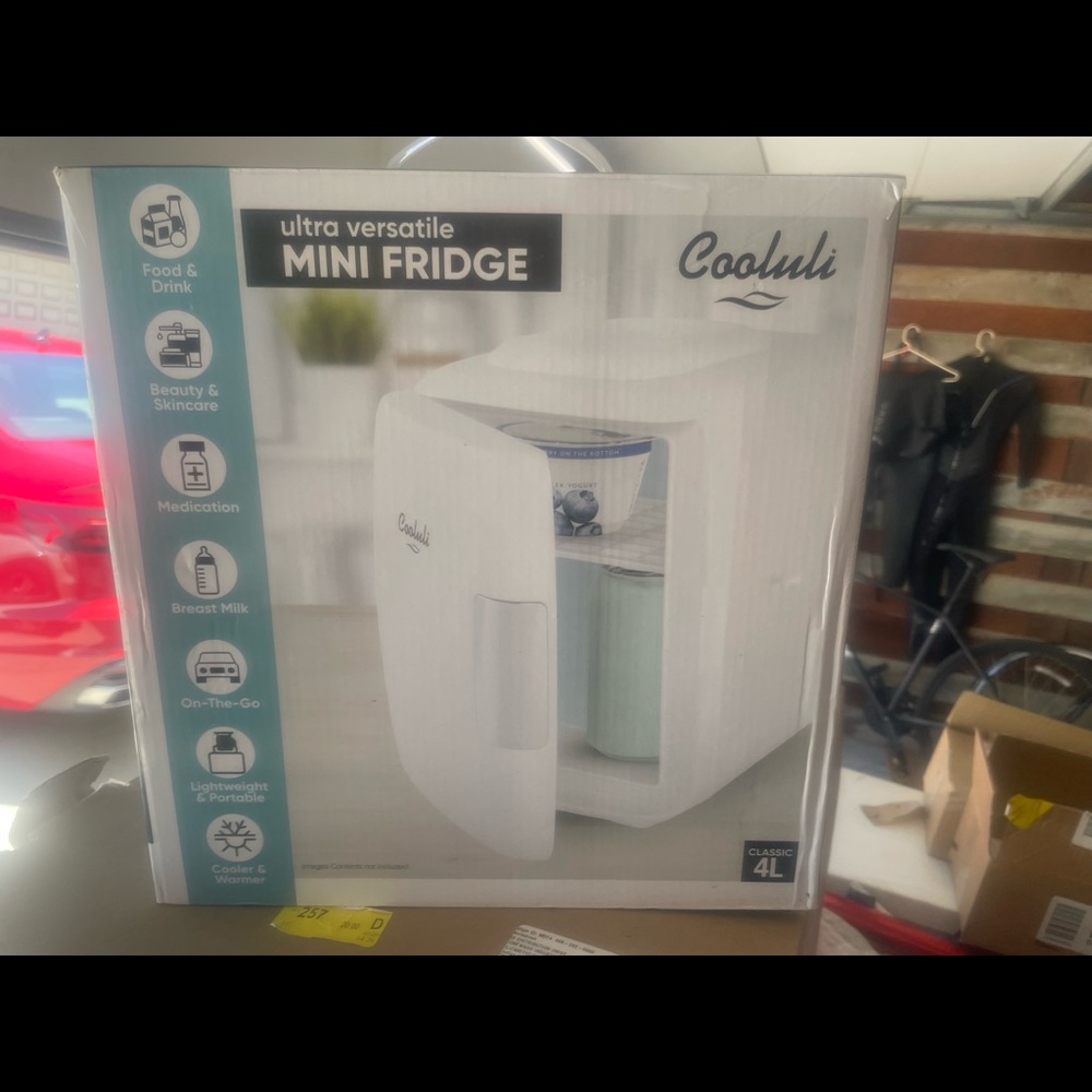 BRAND NEW unopened original packaging- COOLULI 15L mini fridge- in white.